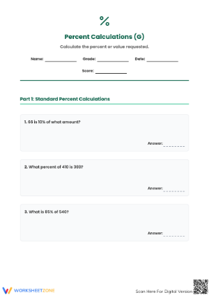 Mixed Percent Calculations Worksheet | Essential Math Grade 6