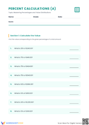 Grade 7 Percent Calculations — Printable Essential Worksheet