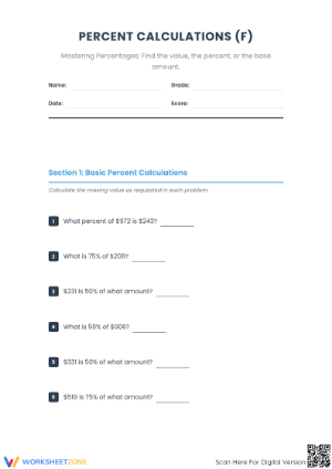 Essential Mixed Percent Calculations Worksheet | Grades 6-8