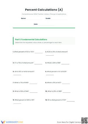 Printable Mixed Percent Calculations Worksheet | Grades 5-8
