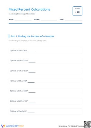 Mixed Percent Calculations Worksheet | Grade 6 Essential