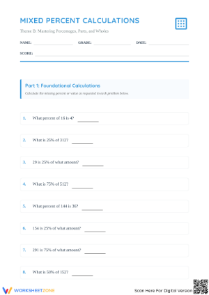Mixed Percent Calculations Worksheet | Grade 6 Essential