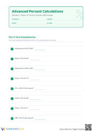 Advanced Percent Worksheet: Grade 7 CCSS.MATH.7.RP.A.3 Ready