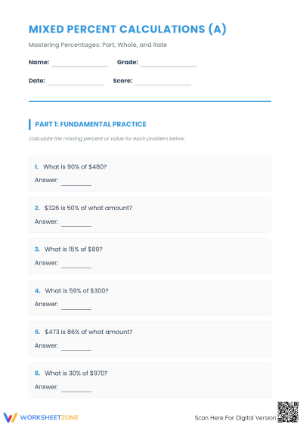 Essential Mixed Percent Calculations Worksheet | Grades 6-8