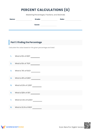 Essential Mixed Percent Calculations Worksheet | Grades 6-7