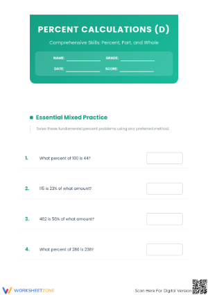 Grade 6 Mixed Percent Calculations - Essential Worksheet