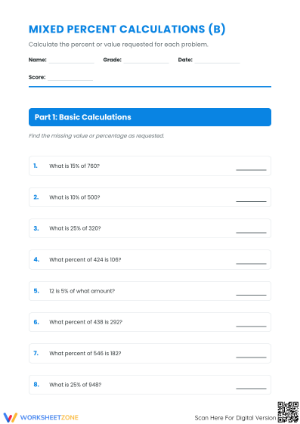 Mixed Percent Calculations Worksheet | Essential Math Gr 6-8