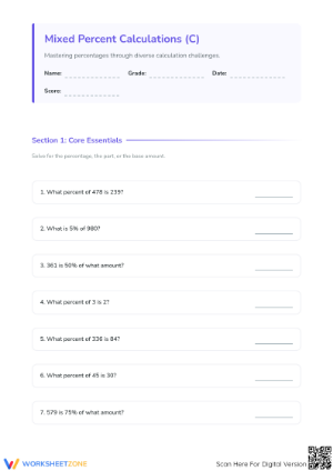 Essential Mixed Percent Calculations Worksheet | Grades 5-8