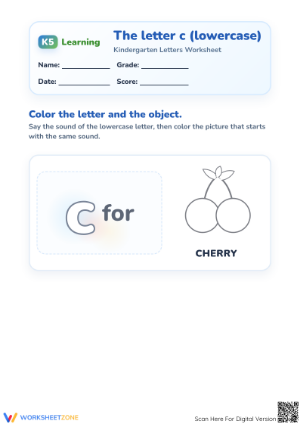 Printable Lowercase Letter c Worksheet | Grade K ELA