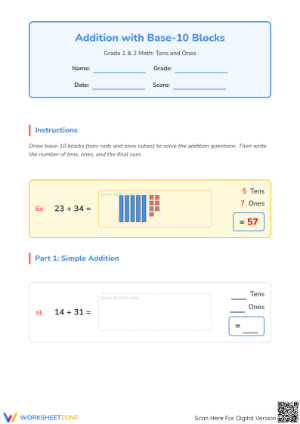 Essential Addition with Base 10 Blocks Worksheet | Grade 1-2
