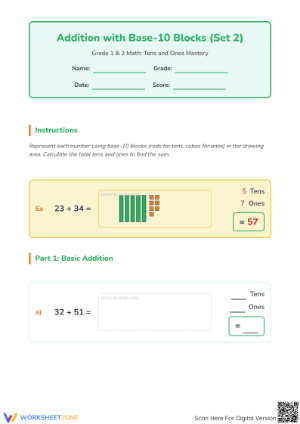 Printable Base-10 Block Addition Worksheet | Grade 1-2 Math