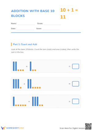 Printable Addition with Base 10 Blocks Worksheet | Grade 1-2