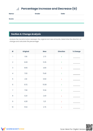 Printable Percent Increase and Decrease Worksheet | Grade 7