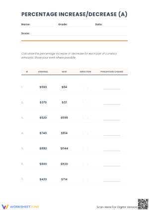 Printable Percent Increase and Decrease Worksheet | Grade 7