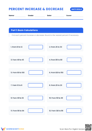 Printable Percent Increase/Decrease Worksheet (Grades 5-8)