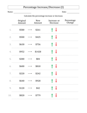 Calculating Percentage Increase and Decrease Worksheet