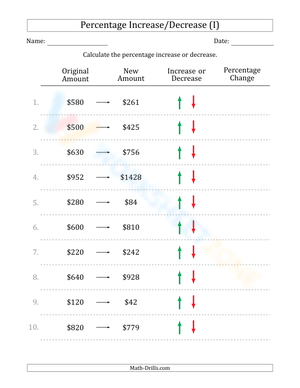 Calculating Percentage Increase and Decrease Worksheet