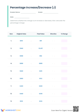 Printable Percent Increase and Decrease Worksheet | Grade 7