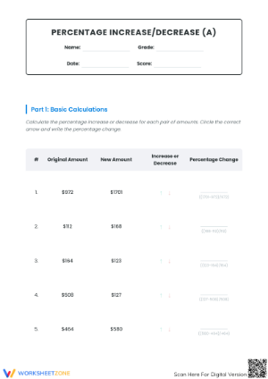 Grade 7 Percent Increase and Decrease — Essential Worksheet