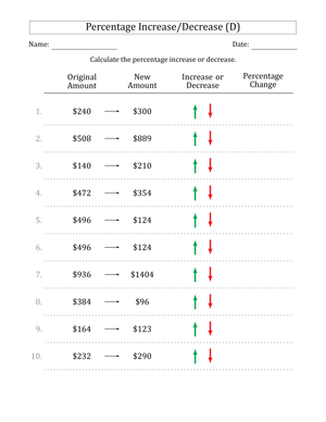 Percentage Increase and Decrease Calculation Practice