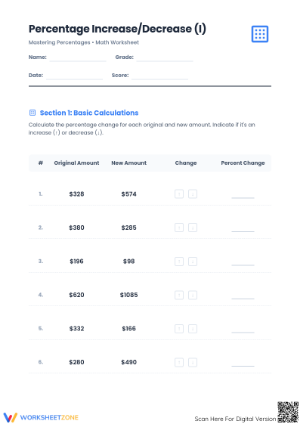 Percent Increase and Decrease Worksheet | Essential Math Grade 7
