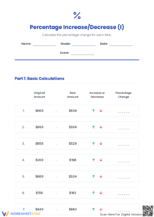 Percent Increase/Decrease | Essential Grade 7 Worksheet