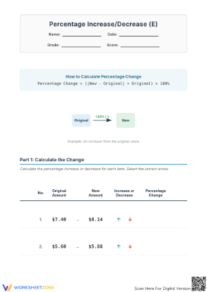 Printable Percent Increase and Decrease Math Worksheet
