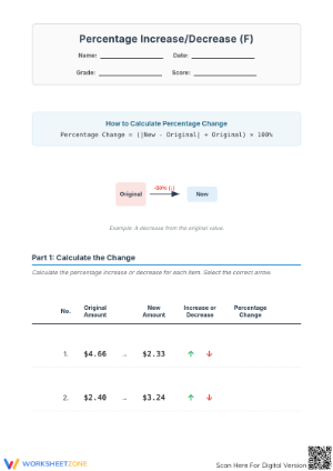 Printable Percent Increase and Decrease Worksheet — Grade 7