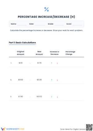 Printable Percent Increase and Decrease Worksheet | Grade 7