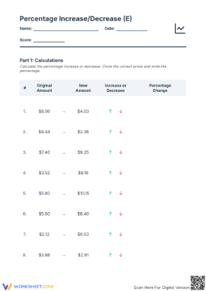 Printable Grade 7 Percent Increase and Decrease Worksheet