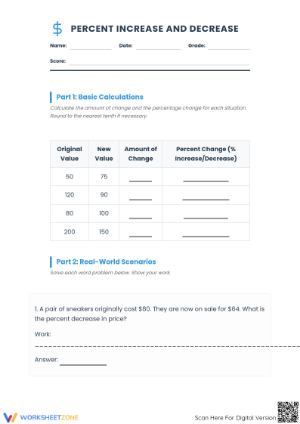 Percent Increase and Decrease Printable Worksheet | Grade 7