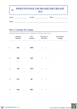 Printable Percent Increase and Decrease Worksheet | Grade 7
