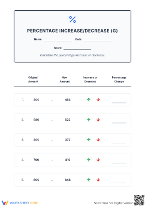 Printable Percent Increase and Decrease Worksheet | Grade 7