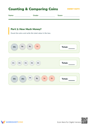 Printable Counting and Comparing Coins for Grade 2 Math