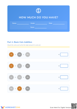 Printable Money Counting Worksheet | Grade 1-2 Math