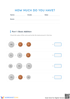 Printable Counting Coins Worksheet | Grade 1-2 Math