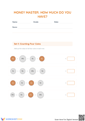 Printable Money Counting Worksheet | Grade 1-2 Math