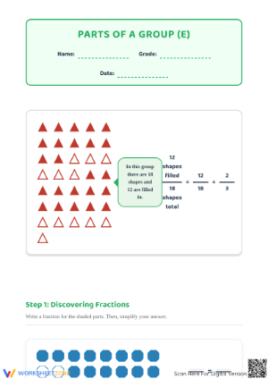 Printable Modeling Fractions with Groups of Shapes Worksheet