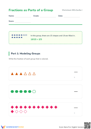 Printable Modeling Fractions of a Group Worksheet | Grade 3