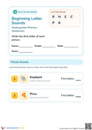 Printable Beginning Letter Sounds Worksheet | Grade K Ready