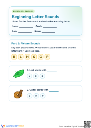 Printable Beginning Letter Sounds Worksheet | Preschool ELA
