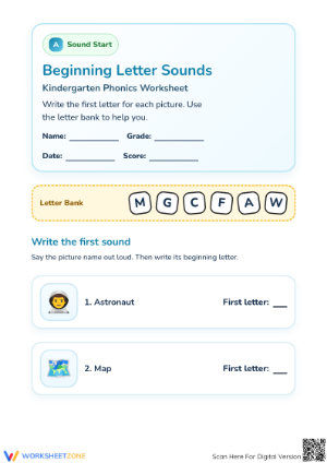 Printable Beginning Letter Sounds Worksheet: Preschool Phonics