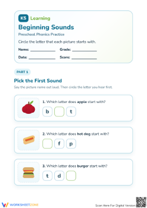 Printable Beginning Sounds Worksheet | Preschool Phonics