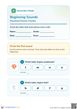 Printable Beginning Sounds Worksheet | Preschool Phonics