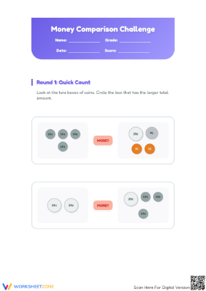 Printable Money Comparison Worksheet | Grade 2 Math