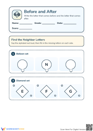 Printable Before and After Alphabet Worksheet | Preschool