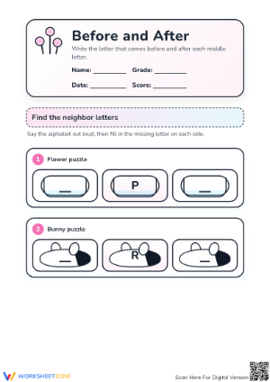 Printable Before and After Alphabet Worksheet | Preschool