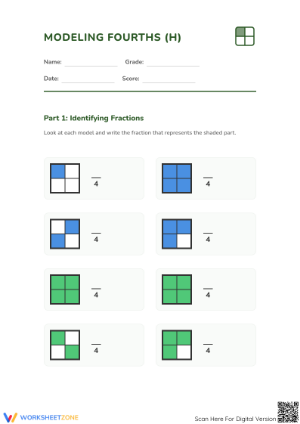 Printable Modeling Fourths Worksheet | Grade 3 Math