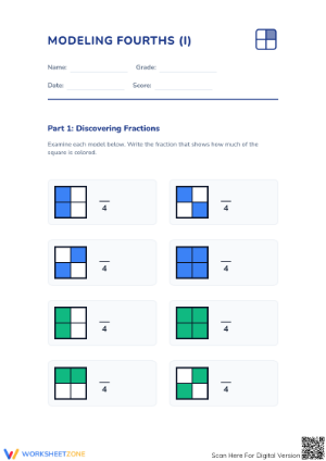 Essential Grade 3 Fractions Worksheet | Modeling Fourths