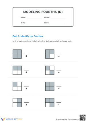 Printable Grade 3 Fraction Modeling Worksheet: Fourths